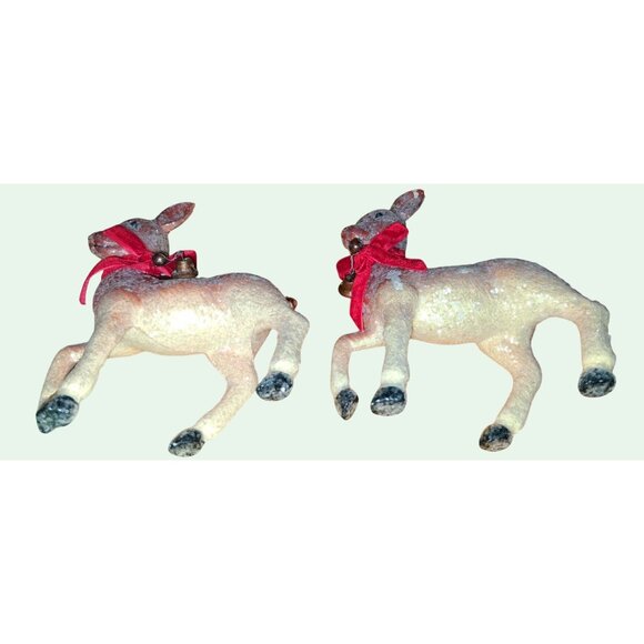Vintage Flocked Deer Figurines With Red Bows & Bells + Red Bird Clip - Picture 6 of 10